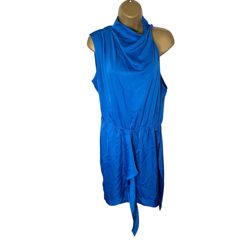 PrettyGarden High Neck Sleeveless Toe Waist Faux Wrap Dress Royal Blue L